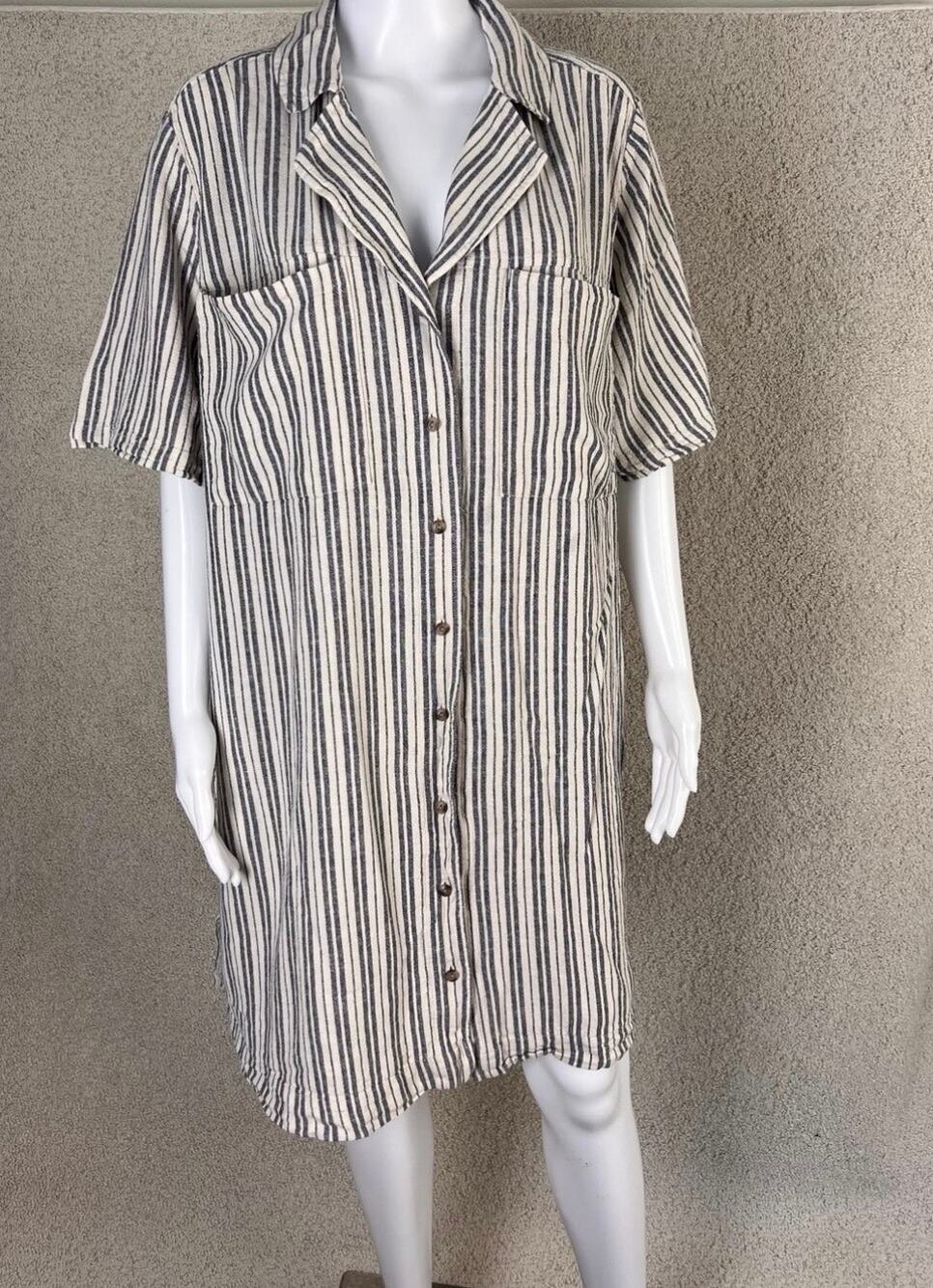 Universal Thread Striped Navy Cream Linen Button Front Midi Small Shirt Dress